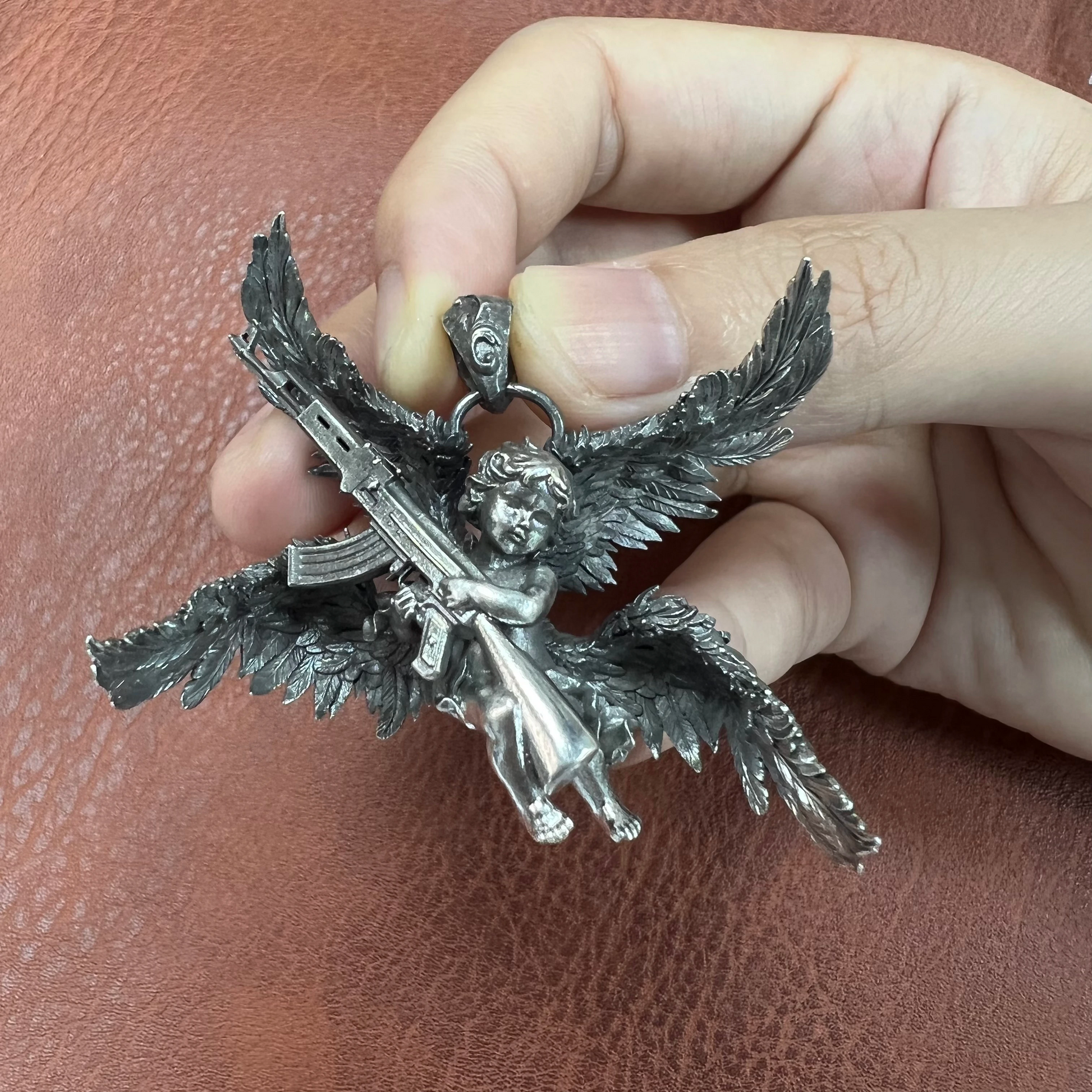 Alternative personality S925 silver old craft battle angel small horn pendant