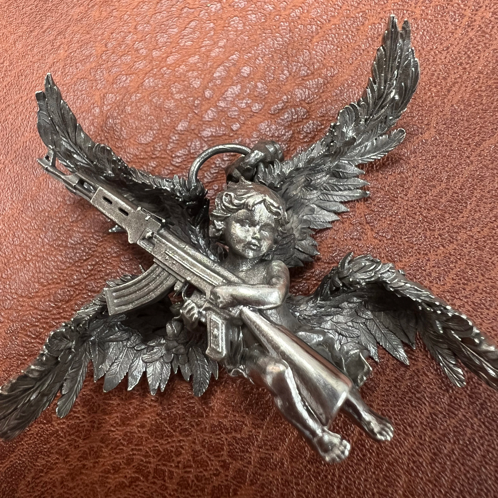 Alternative personality S925 silver old craft battle angel small horn pendant