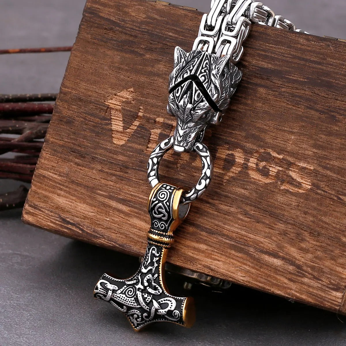 Glamorous Stainless Steel Wolf Head Necklace Viking Creativity Thor's Hammer Pendant Punk Hip Hop Rock Party Cool Jewelry Gifts