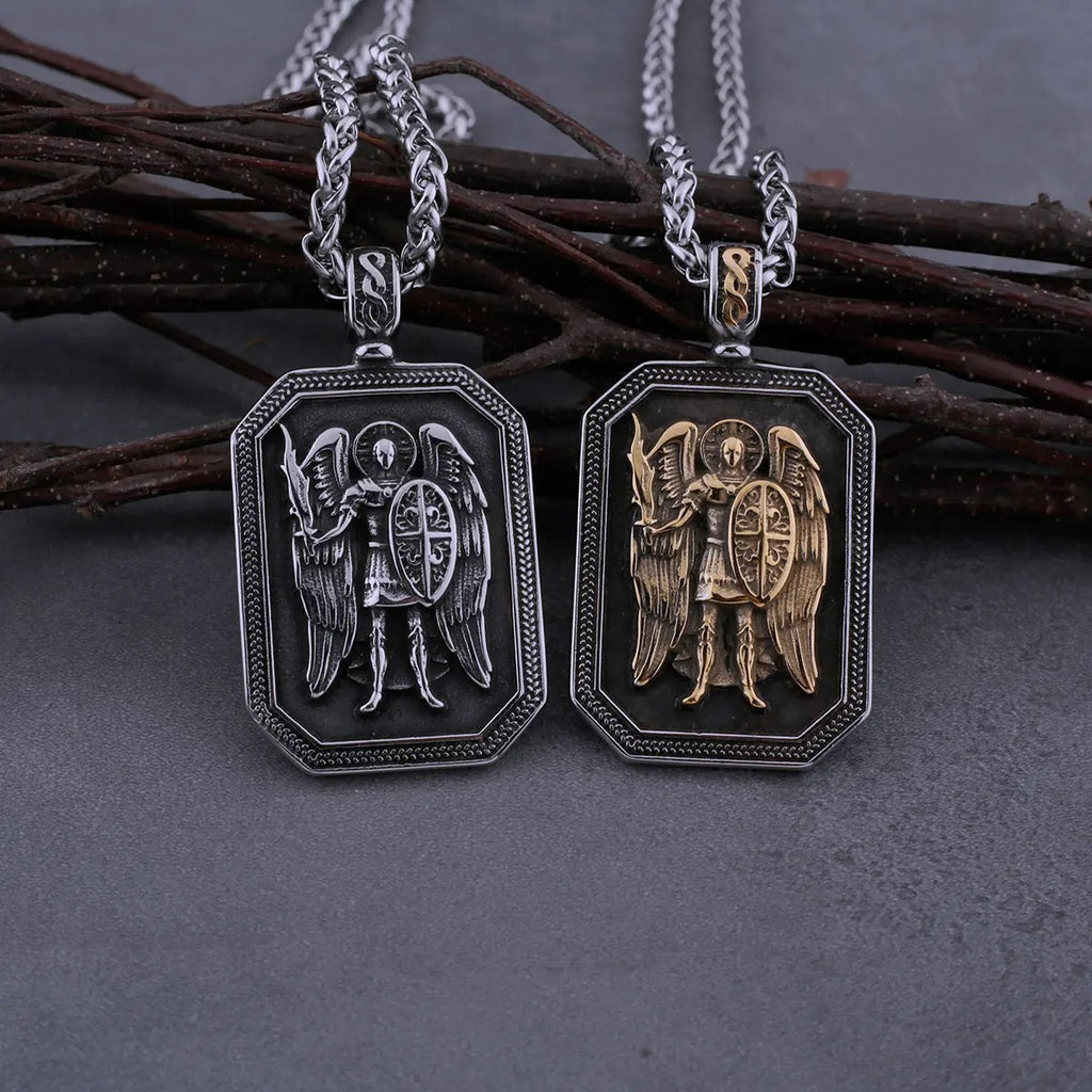 Stainless Steel St. Michael Archangel Cross Shield Necklace Men's Fashion Biker Amulet Pendant Necklace Jewelry Accessories