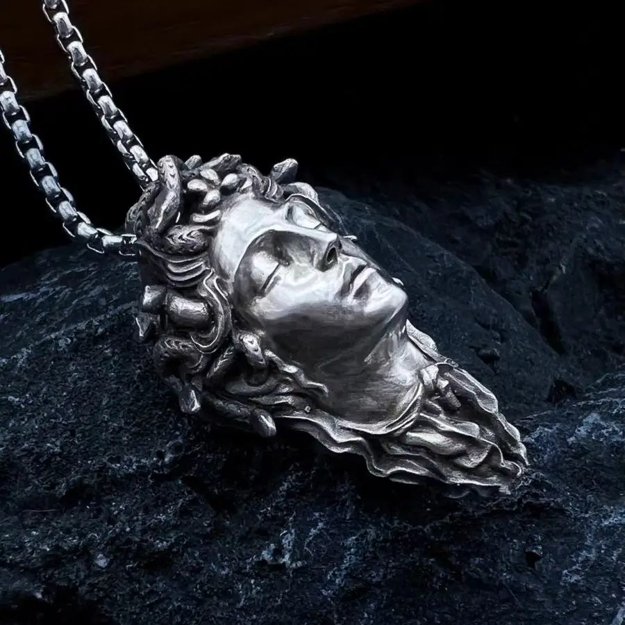 Handcrafted Sterling Silver Medusa s925 Silver Necklace Ancient Greek Myth Snake Woman Pendant Featured Pendant