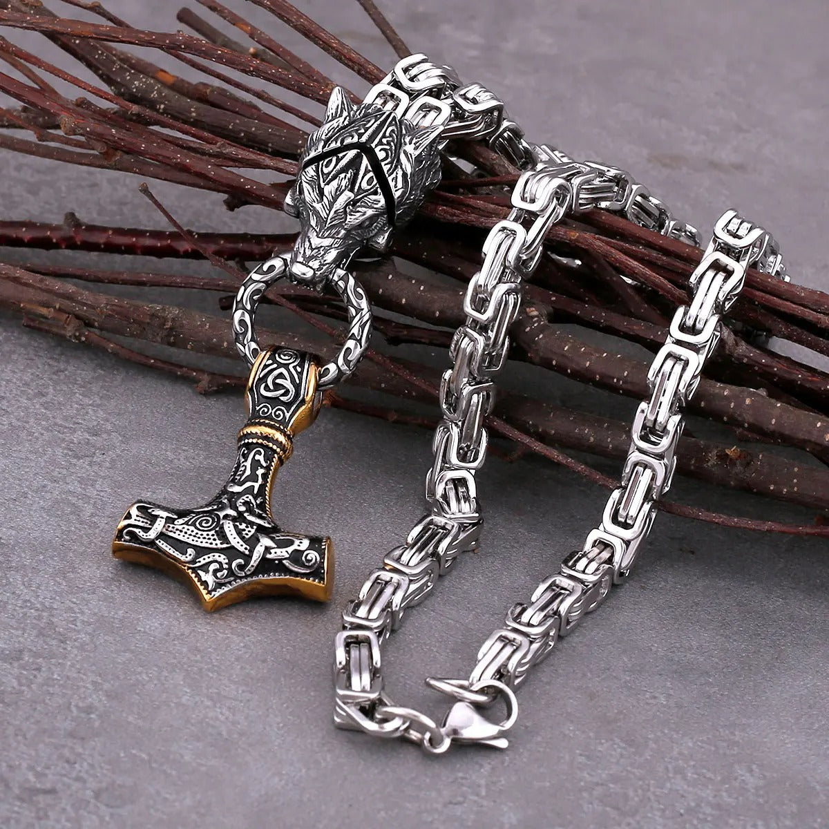 Glamorous Stainless Steel Wolf Head Necklace Viking Creativity Thor's Hammer Pendant Punk Hip Hop Rock Party Cool Jewelry Gifts