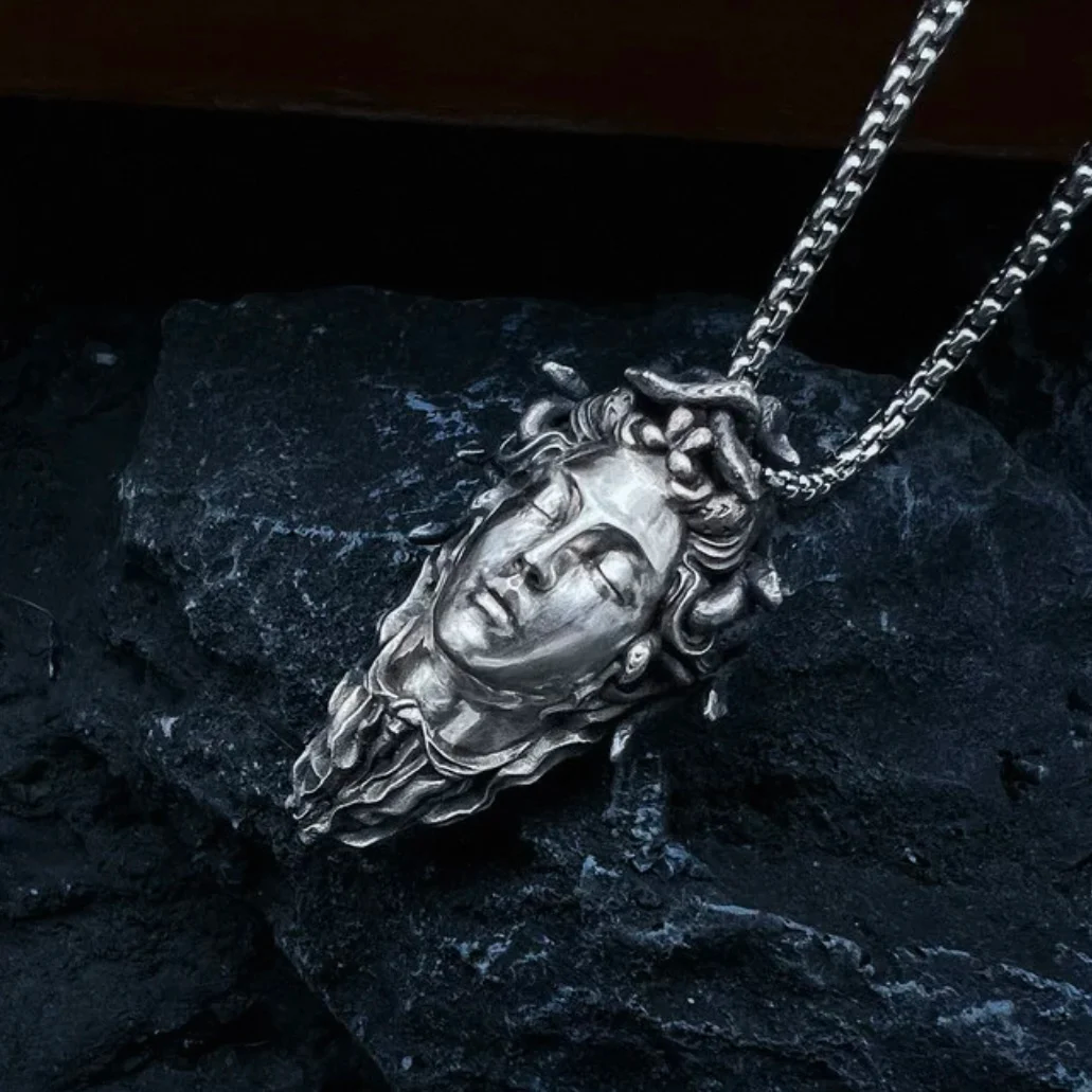 Handcrafted Sterling Silver Medusa s925 Silver Necklace Ancient Greek Myth Snake Woman Pendant Featured Pendant