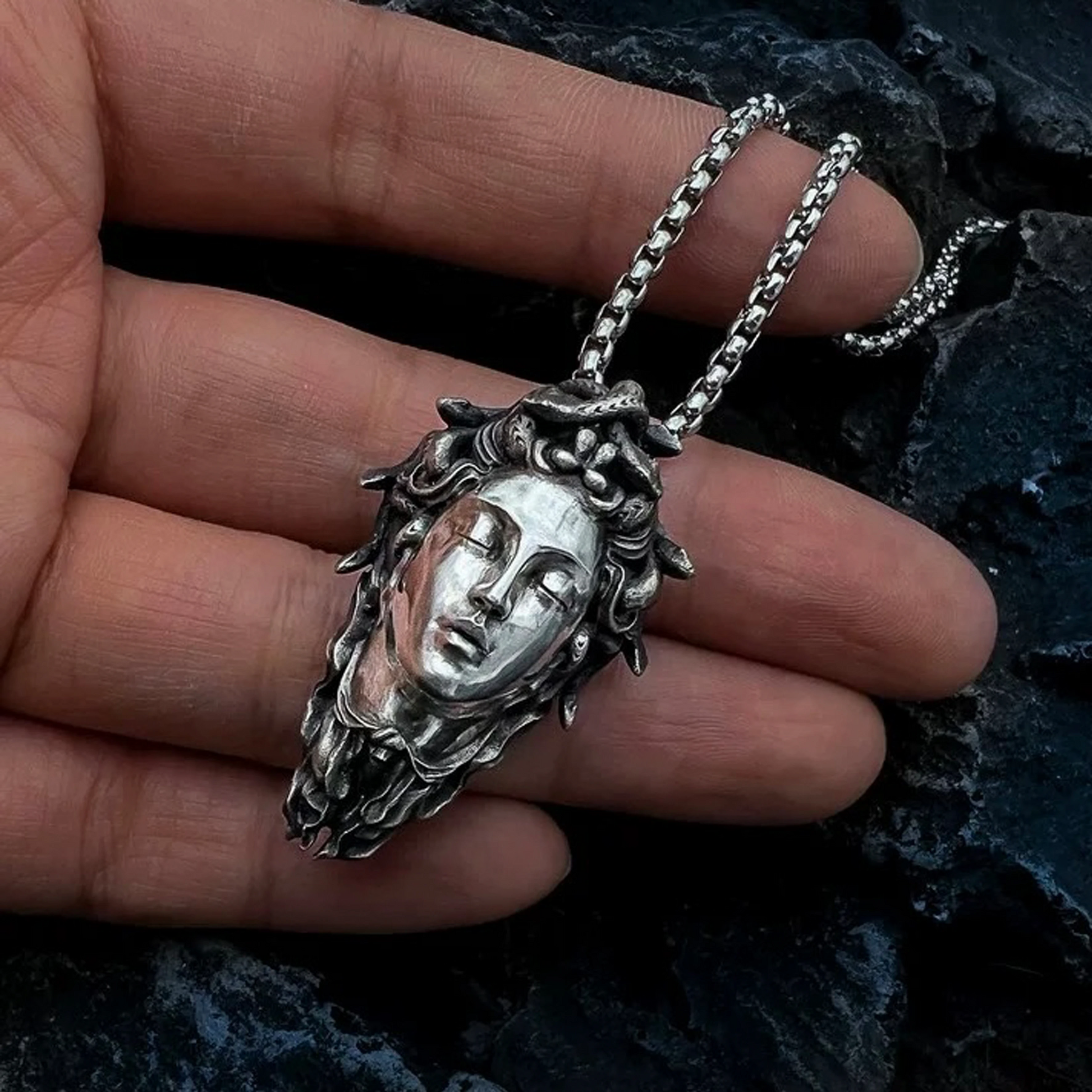 Handcrafted Sterling Silver Medusa s925 Silver Necklace Ancient Greek Myth Snake Woman Pendant Featured Pendant